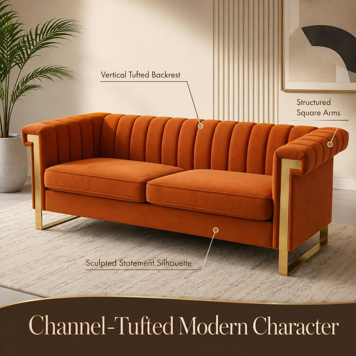 Orange Velvet Channel Tufted Sofa with Gold Metal Legs Z267