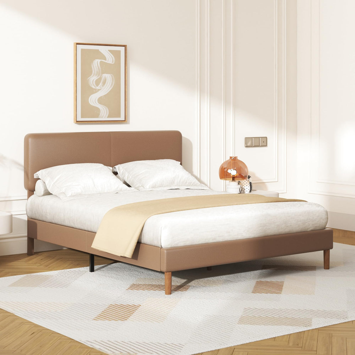 Minimalist Leather Bed Frame with Adjustable Headboard H93898