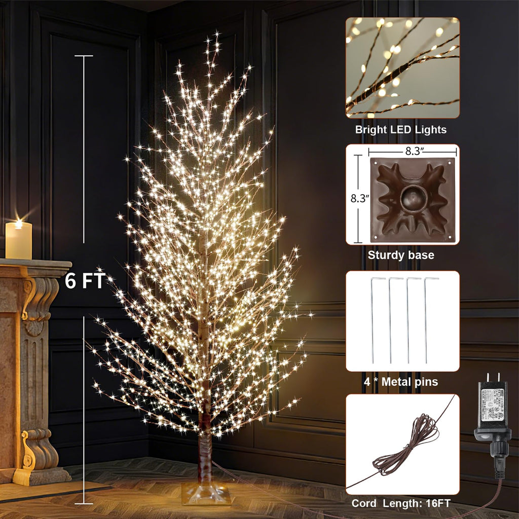 6FT Brown Lighted Birch Tree 1300LEDs Warm White Lights H863189