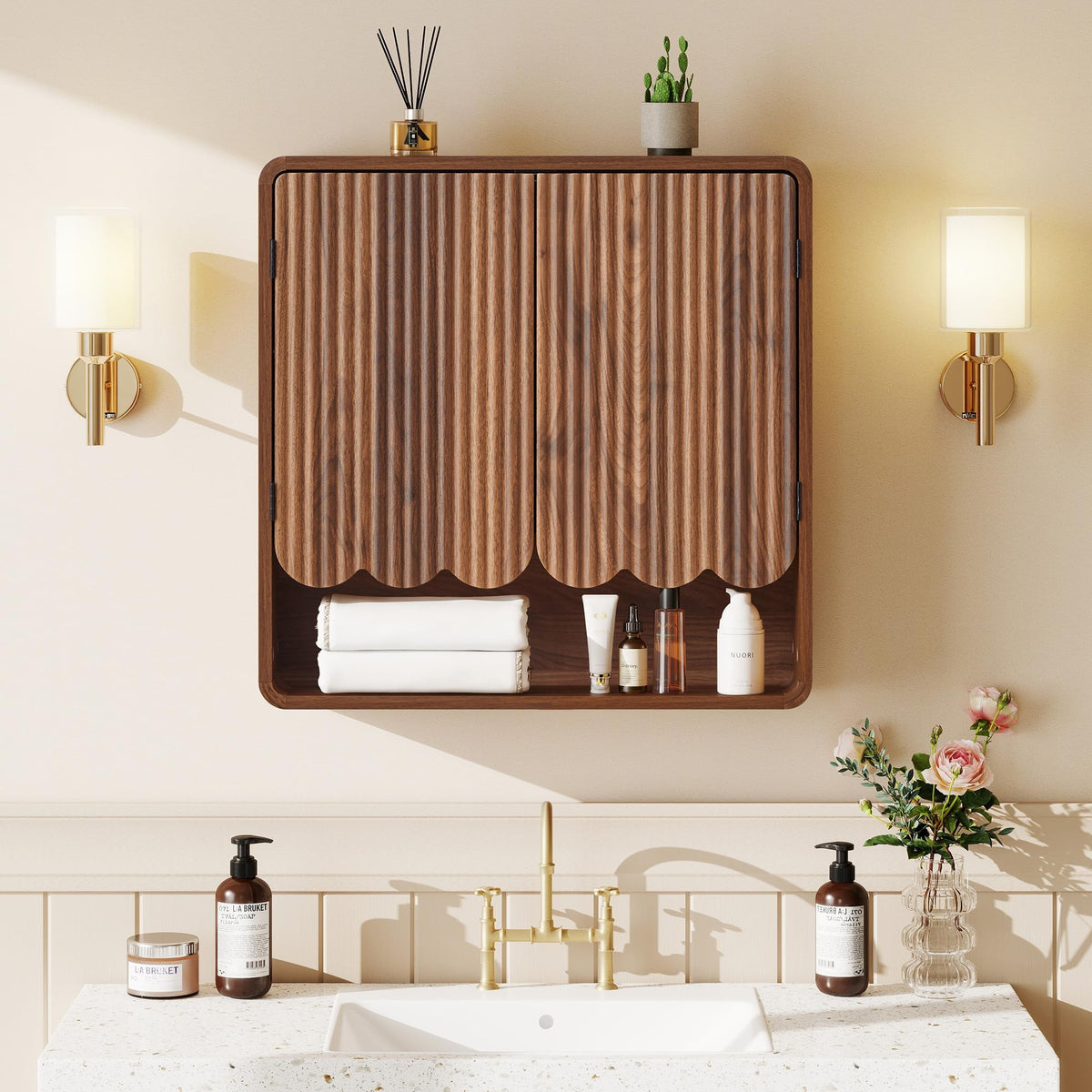 Walnut Fluted Bathroom Wall Cabinet W201