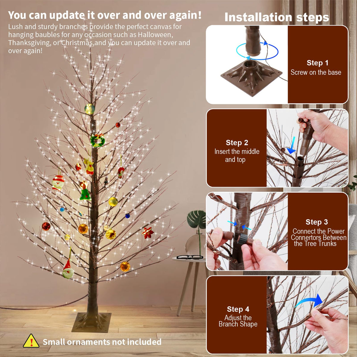 6FT Brown Lighted Birch Tree 1300LEDs Warm White Lights H863189