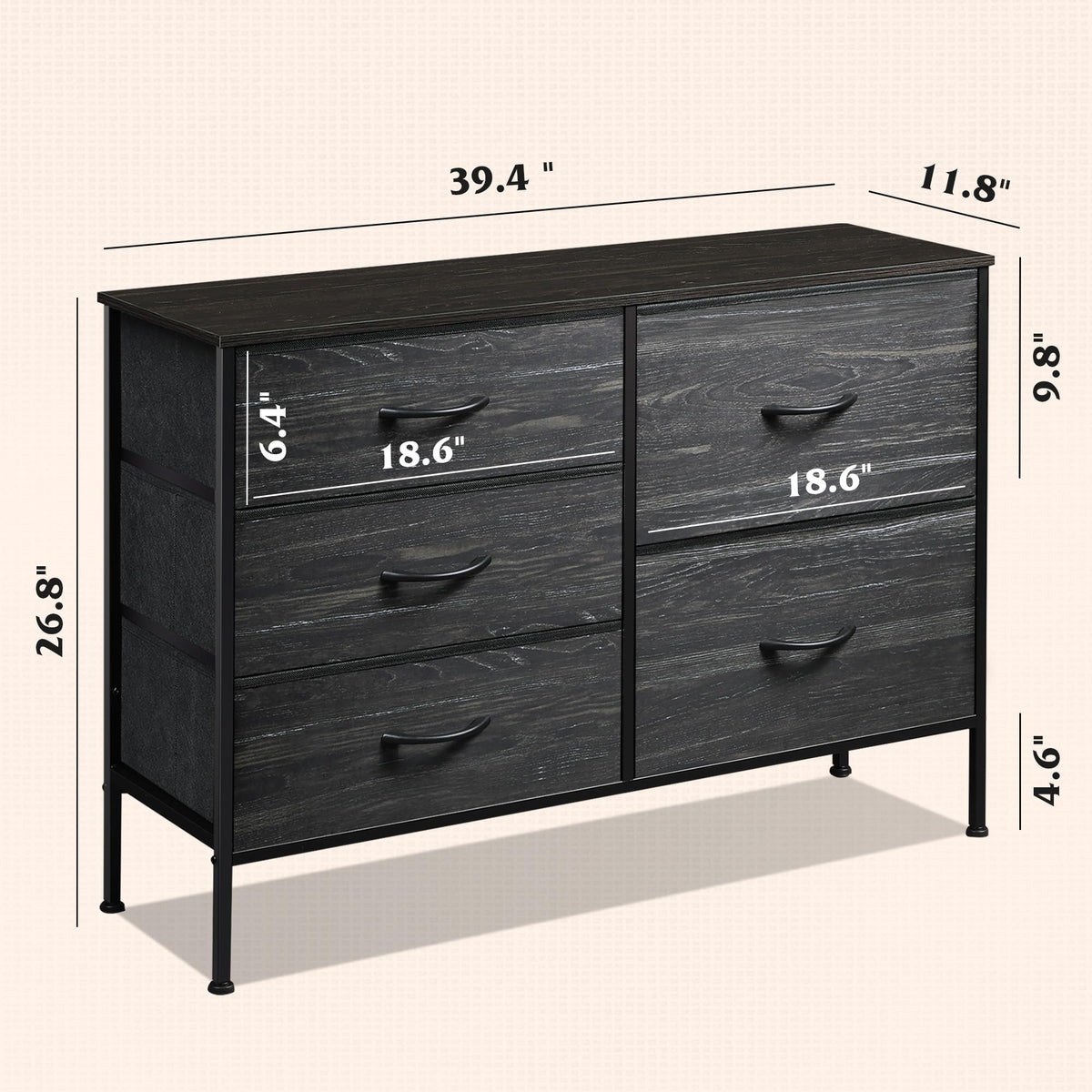 Black 5 Drawer Fabric Dresser M6877