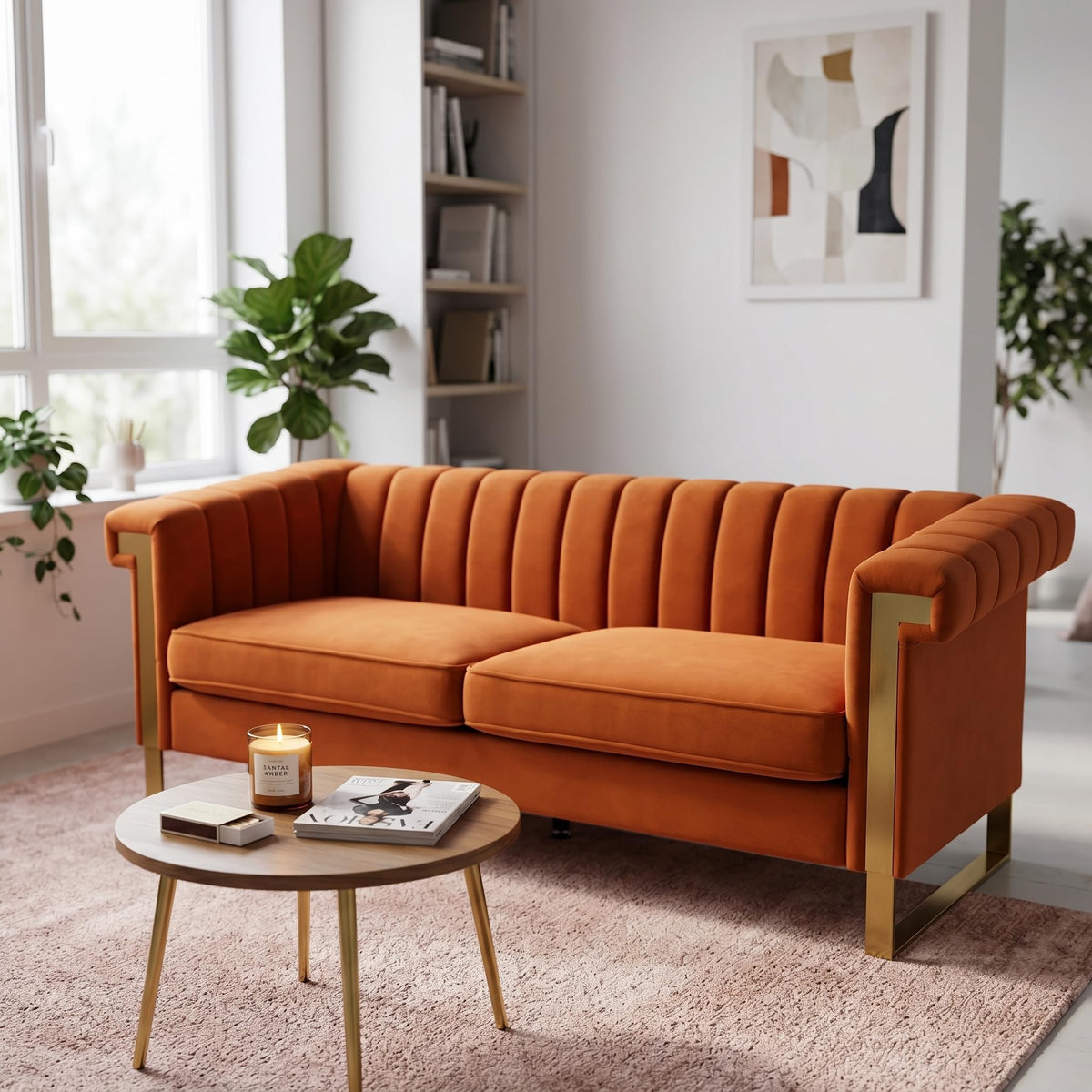 Orange Velvet Channel Tufted Sofa with Gold Metal Legs Z267