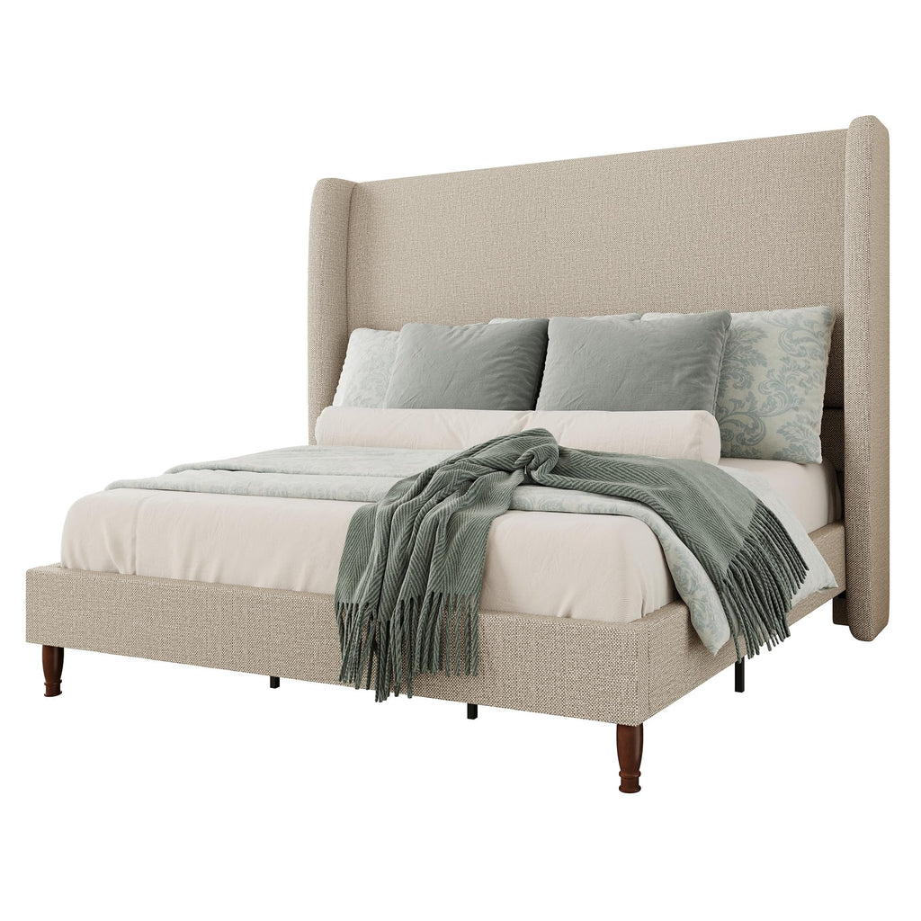 Queen Size Upholstered Wingback Headboard Bed Frame P1437