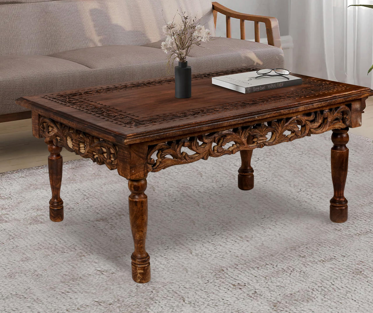Farmhouse Coffee Table 36x24x18 Jali Carved Wood T53343
