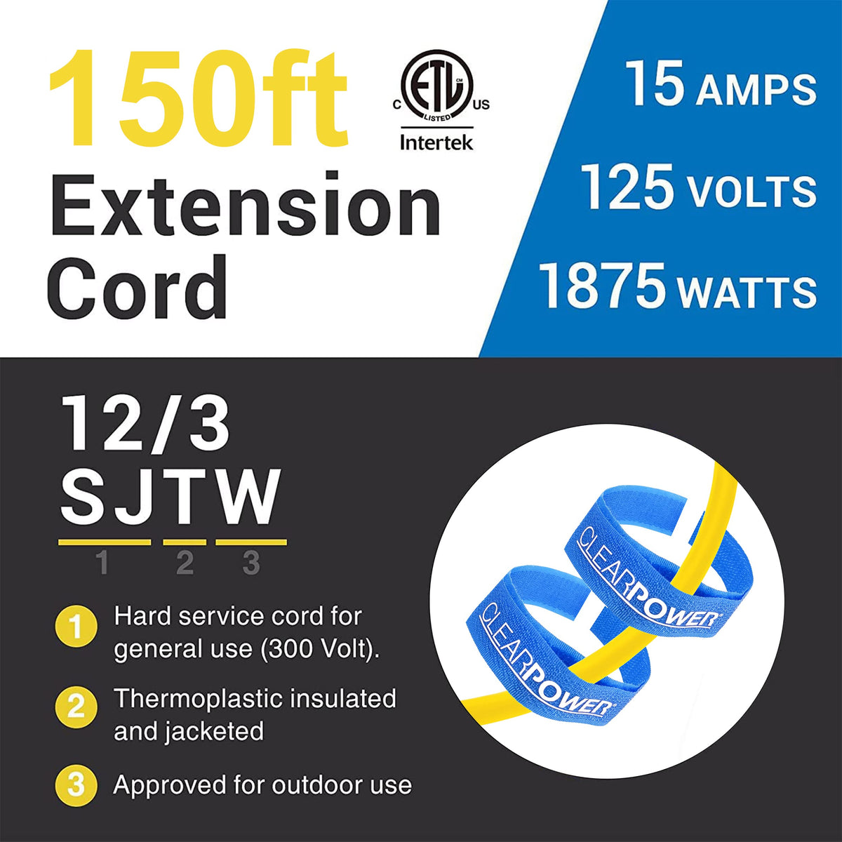 150ft 12/3 SJTW Yellow Outdoor Extension Cord with 3-Outlet Adapter M148