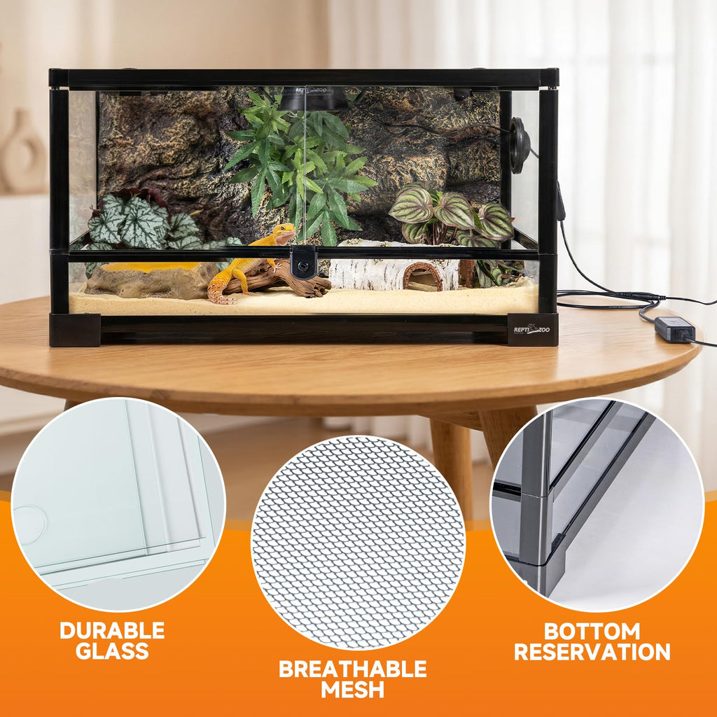 20 Gallon Reptile Terrarium Starter Kit with Heating System Thermostat UVB Light Hide Cave Feeding Dish Z78873