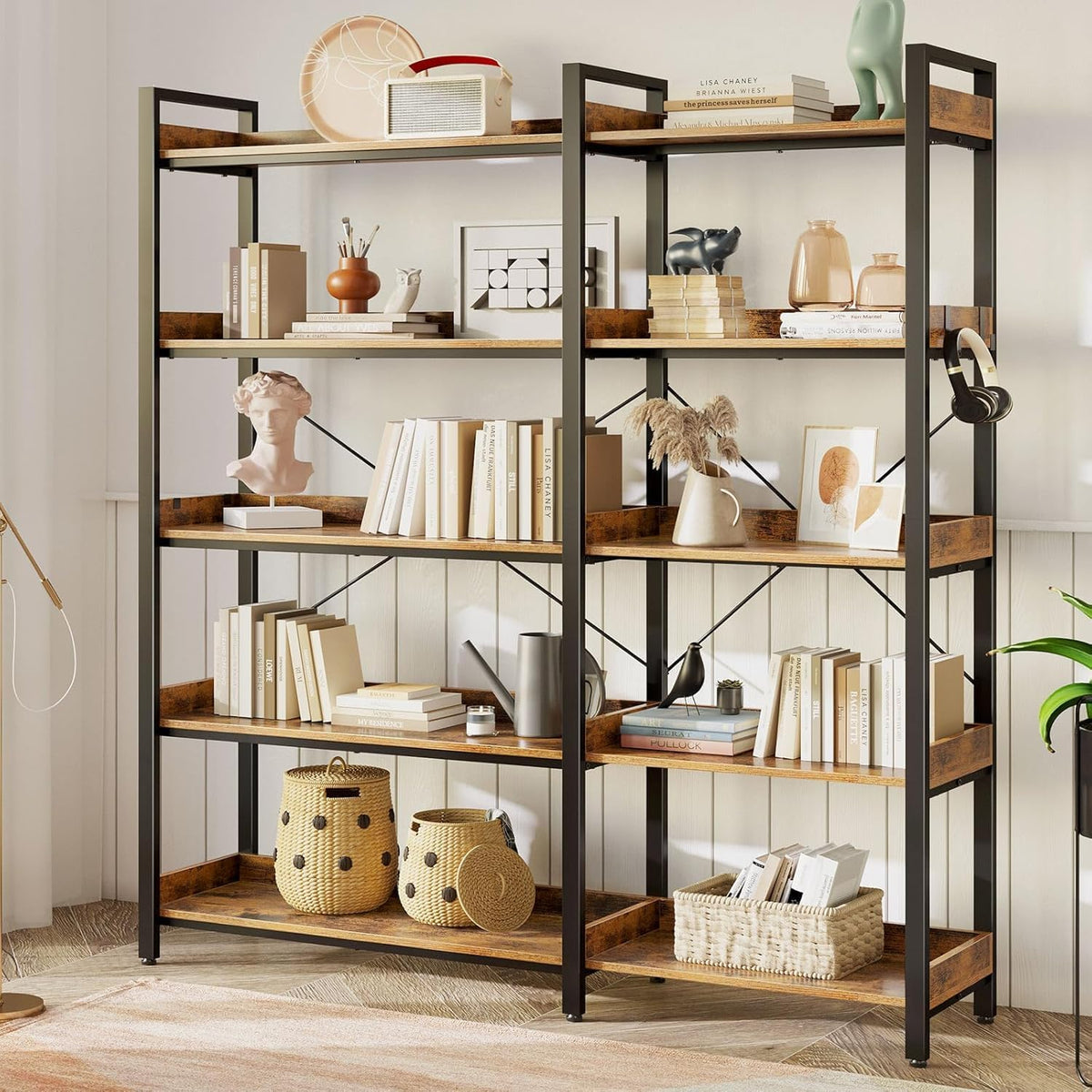 L-Shaped Corner Bookshelf 5 Tier Industrial Bookcase with 4 Hooks H456010