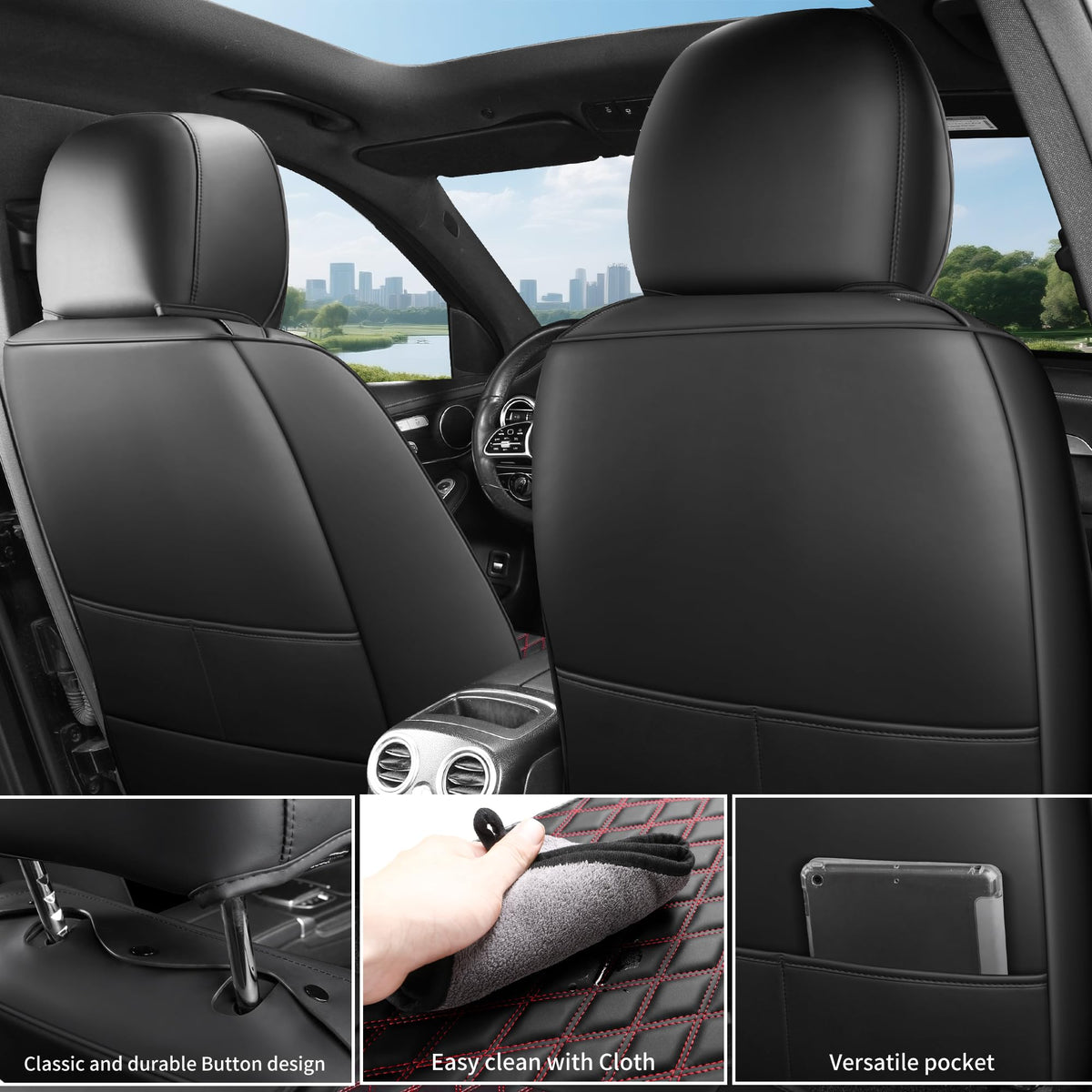 Black and Red Thick Nappa Leather Car Seat Covers Set of 2 N128069