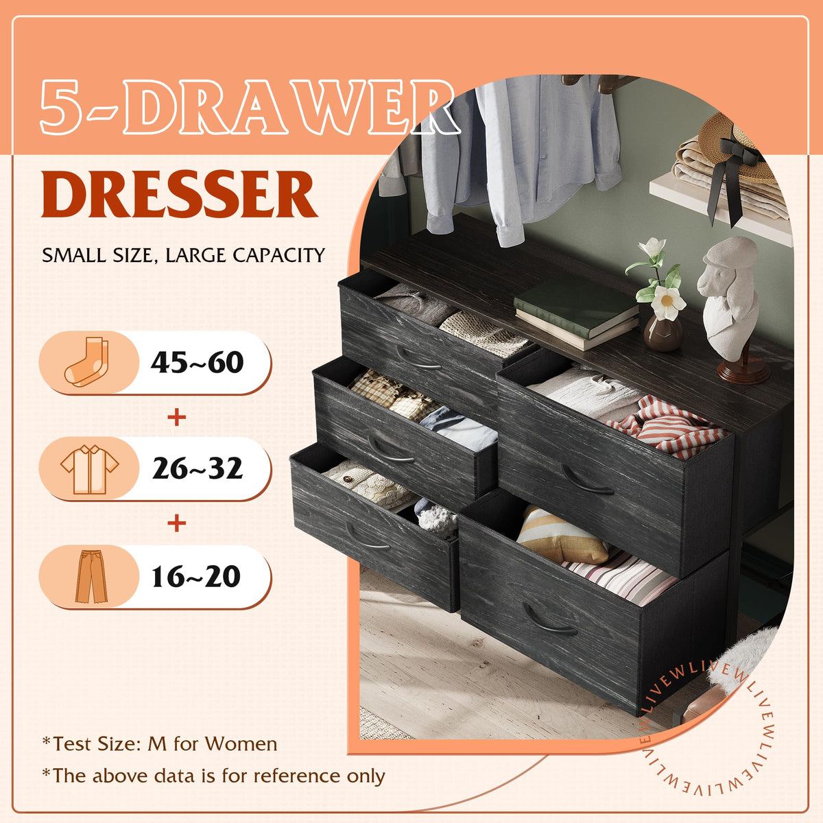 Black 5 Drawer Fabric Dresser M6877