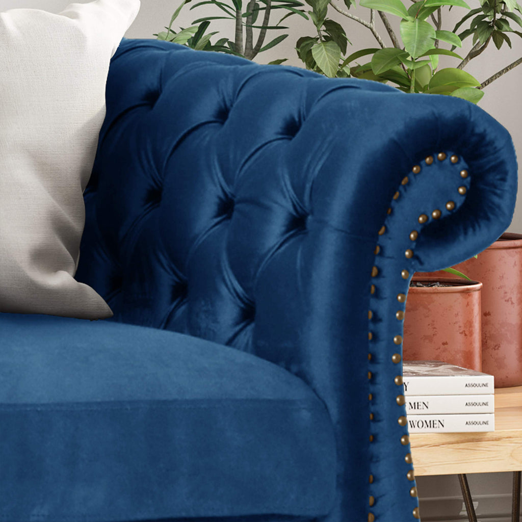 Navy Blue Velvet Sofa with Scroll Arms P453023