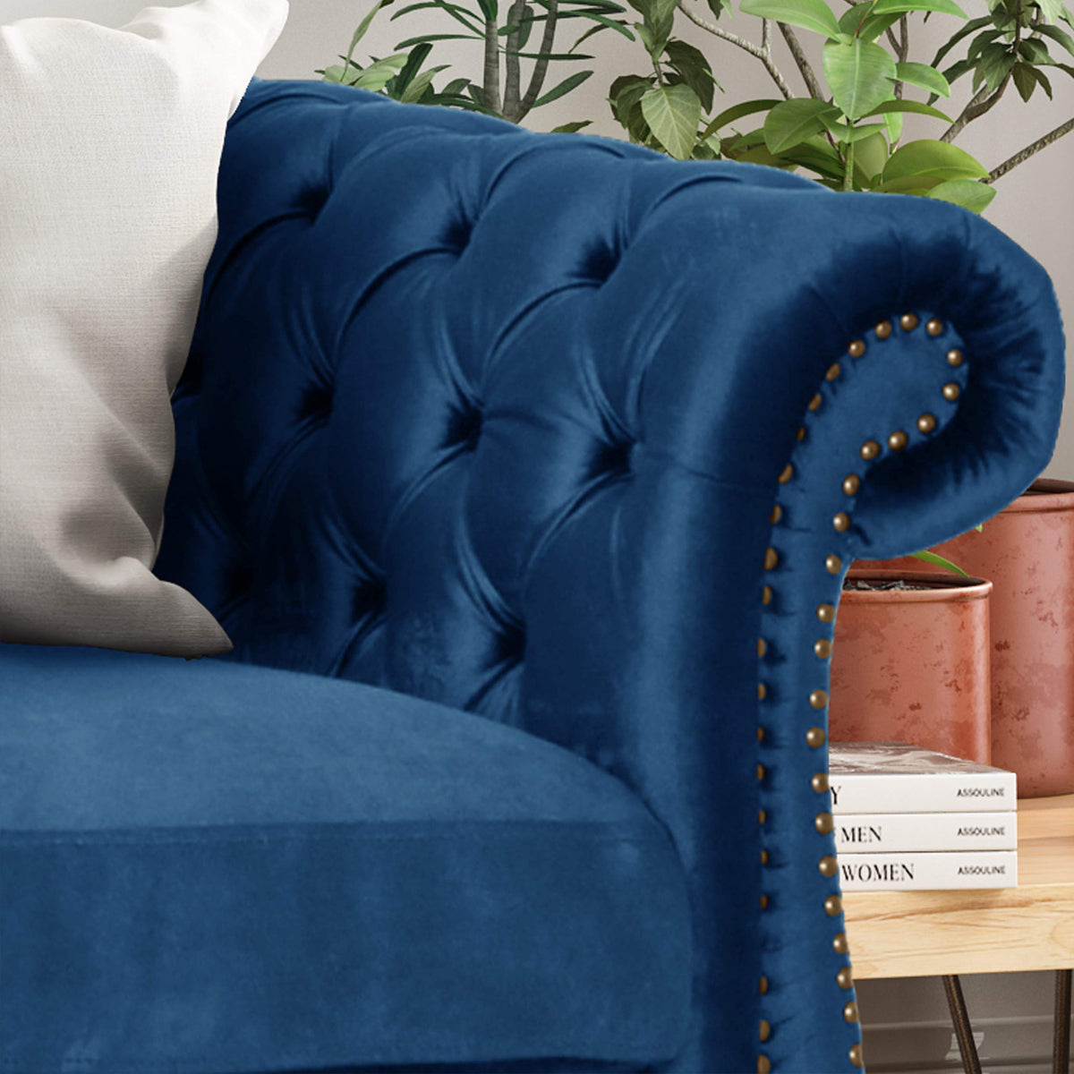 Navy Blue Velvet Sofa with Scroll Arms P453023