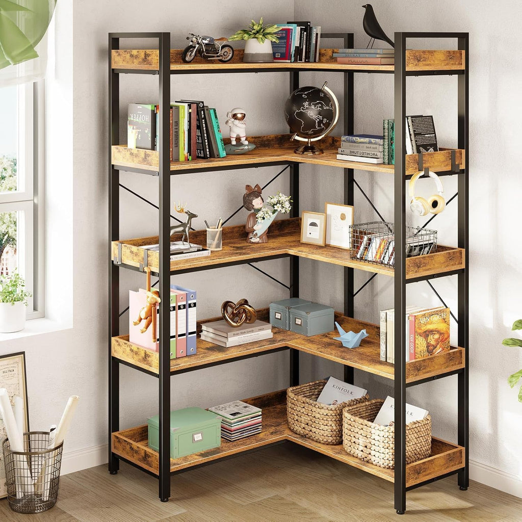 L-Shaped Corner Bookshelf 5 Tier Industrial Bookcase with 4 Hooks H456010