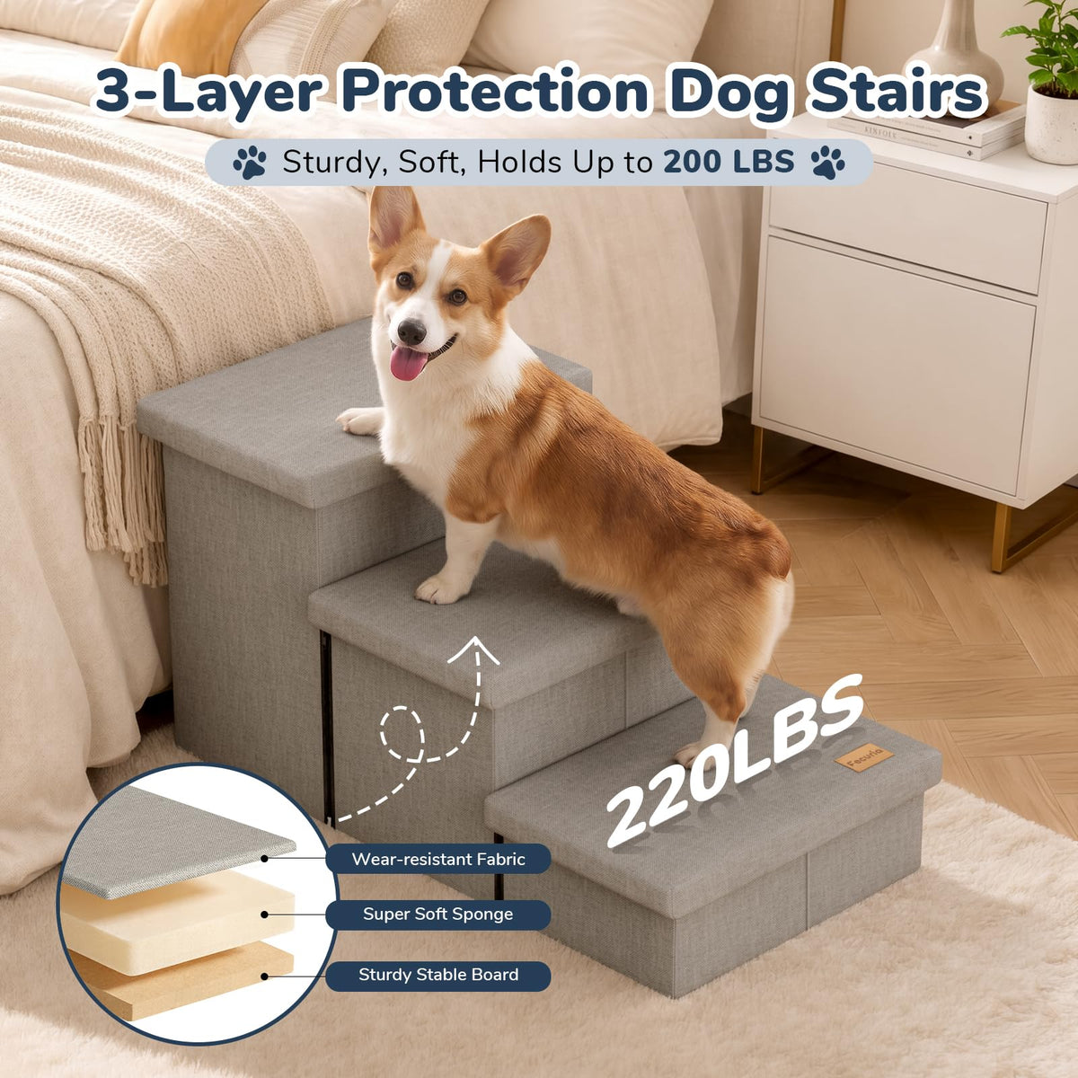 Light Grey Dog Stairs with Storage V3214