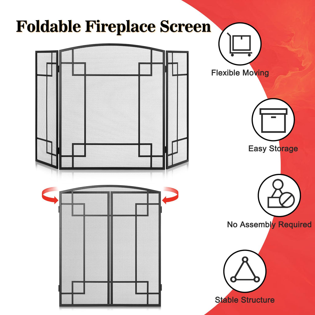 Fireplace Screen 3 Panel Wrought Iron N536867