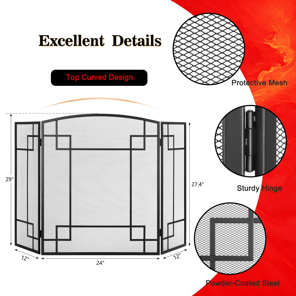 Fireplace Screen 3 Panel Wrought Iron N536867