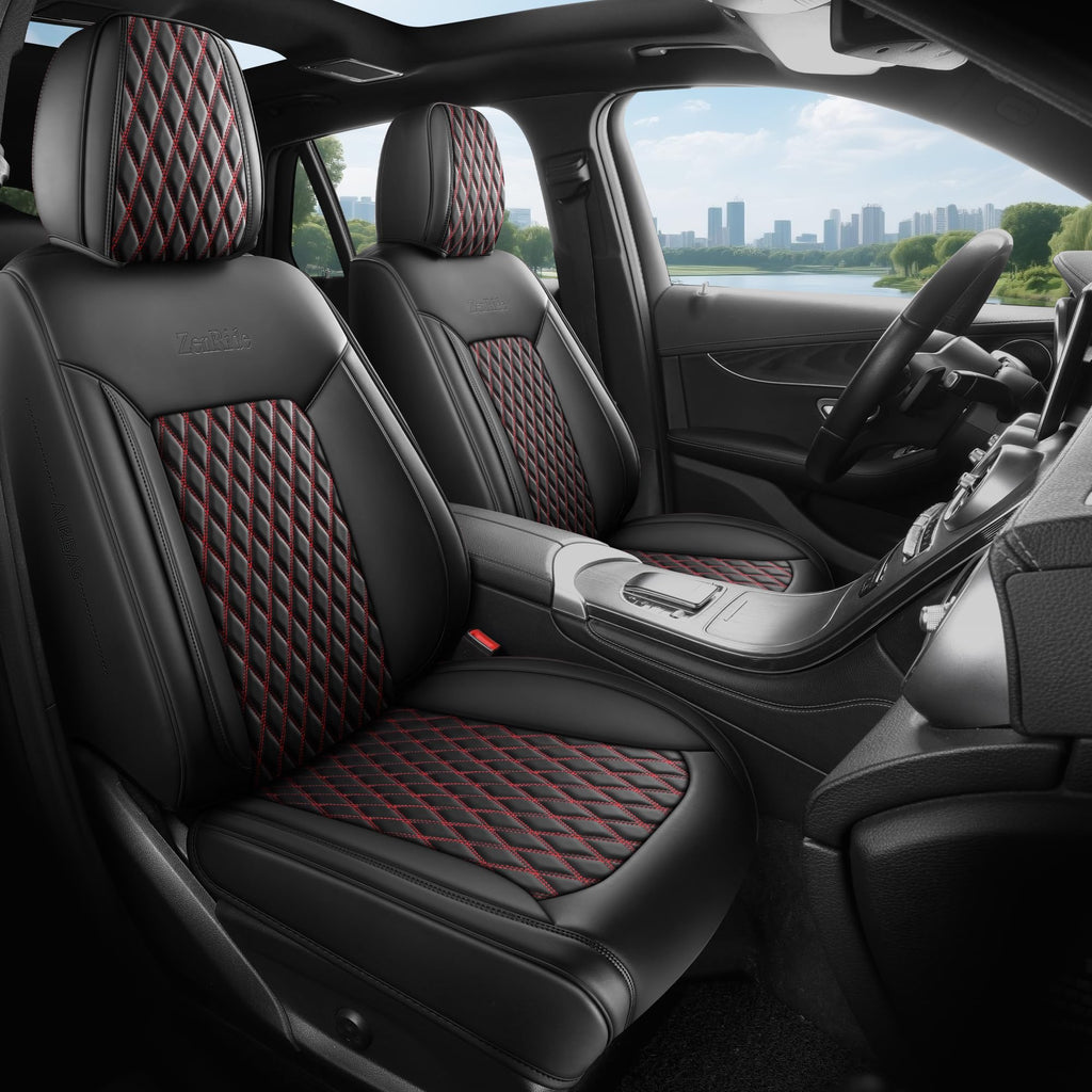 Black and Red Thick Nappa Leather Car Seat Covers Set of 2 N128069