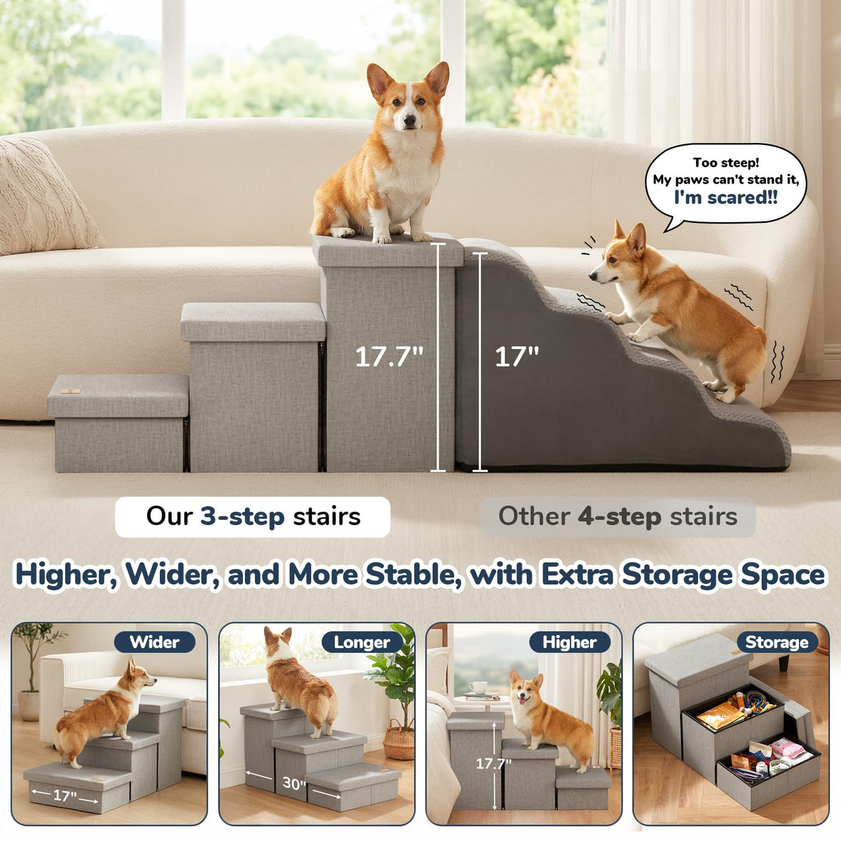 Light Grey Dog Stairs with Storage V3214