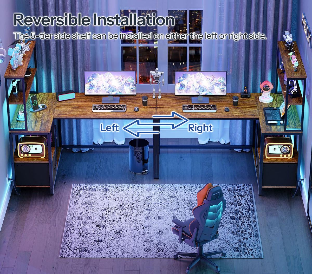 46 Inch Reversible Computer Desk with LED Light & Power Outlet N9719