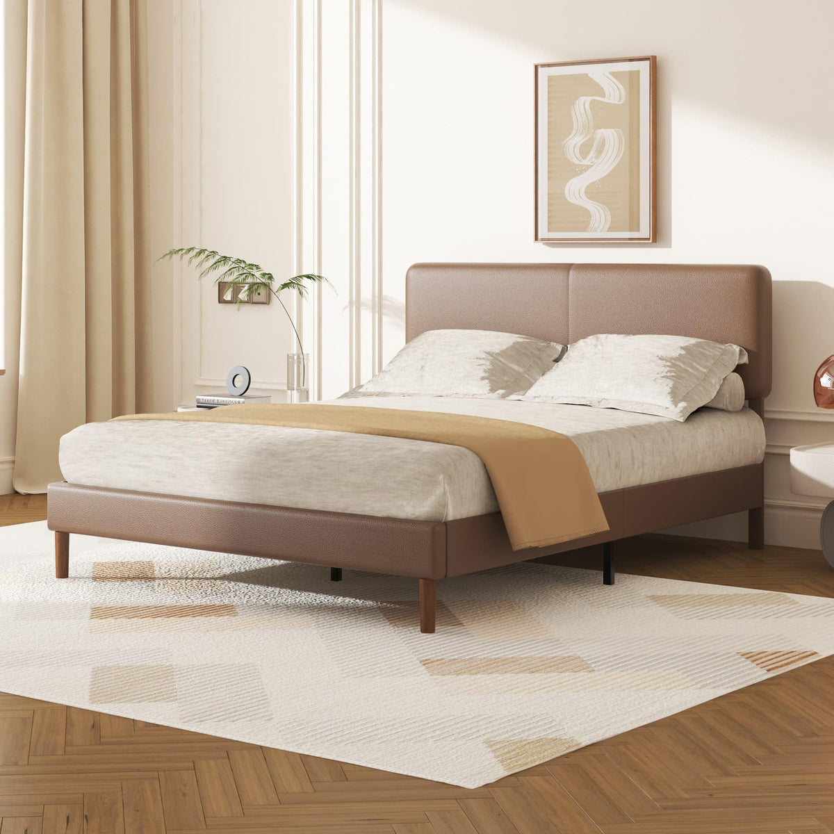 Minimalist Leather Bed Frame with Adjustable Headboard H93898