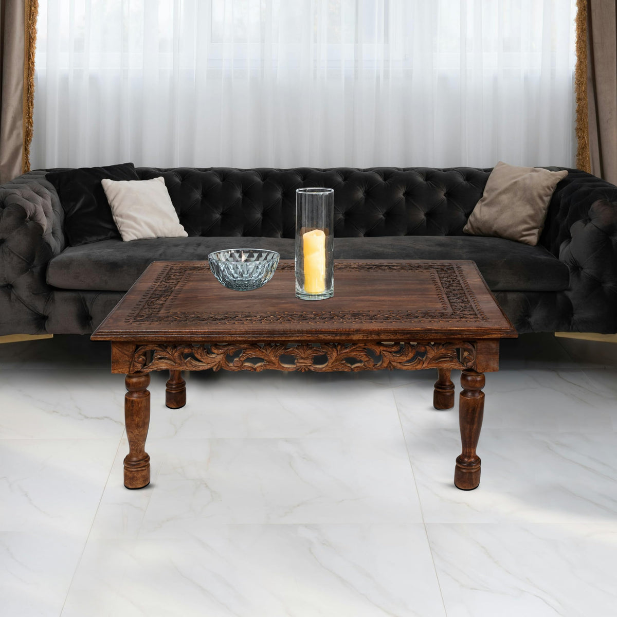 Farmhouse Coffee Table 36x24x18 Jali Carved Wood T53343