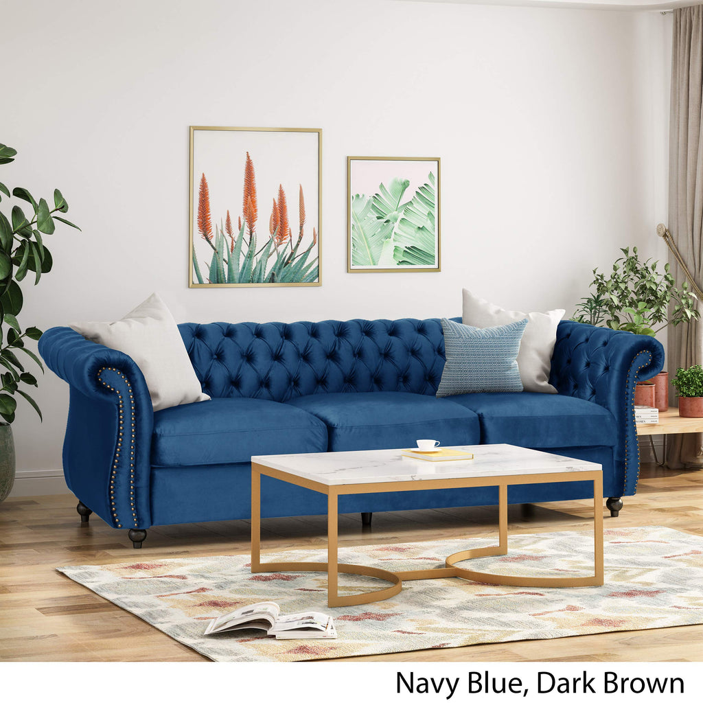 Navy Blue Velvet Sofa with Scroll Arms P453023