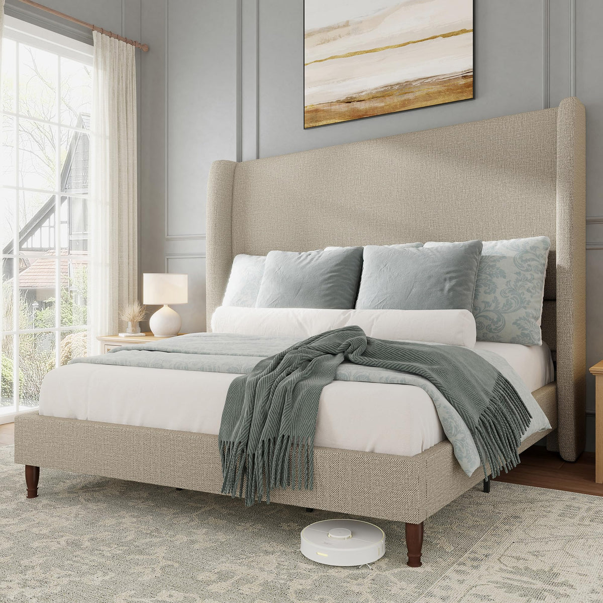 Queen Size Upholstered Wingback Headboard Bed Frame P1437
