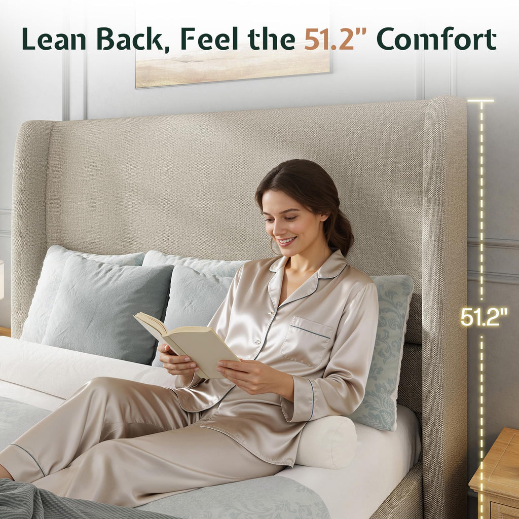 Queen Size Upholstered Wingback Headboard Bed Frame P1437