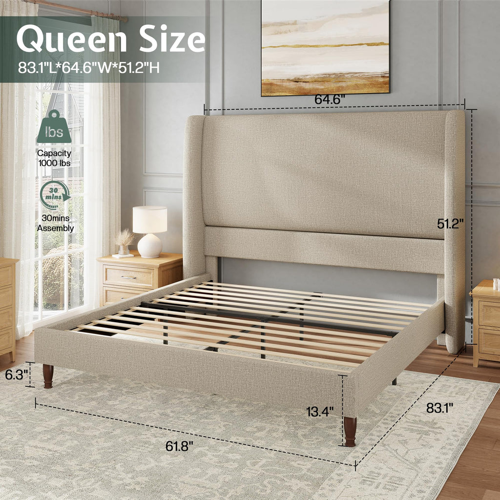 Queen Size Upholstered Wingback Headboard Bed Frame P1437