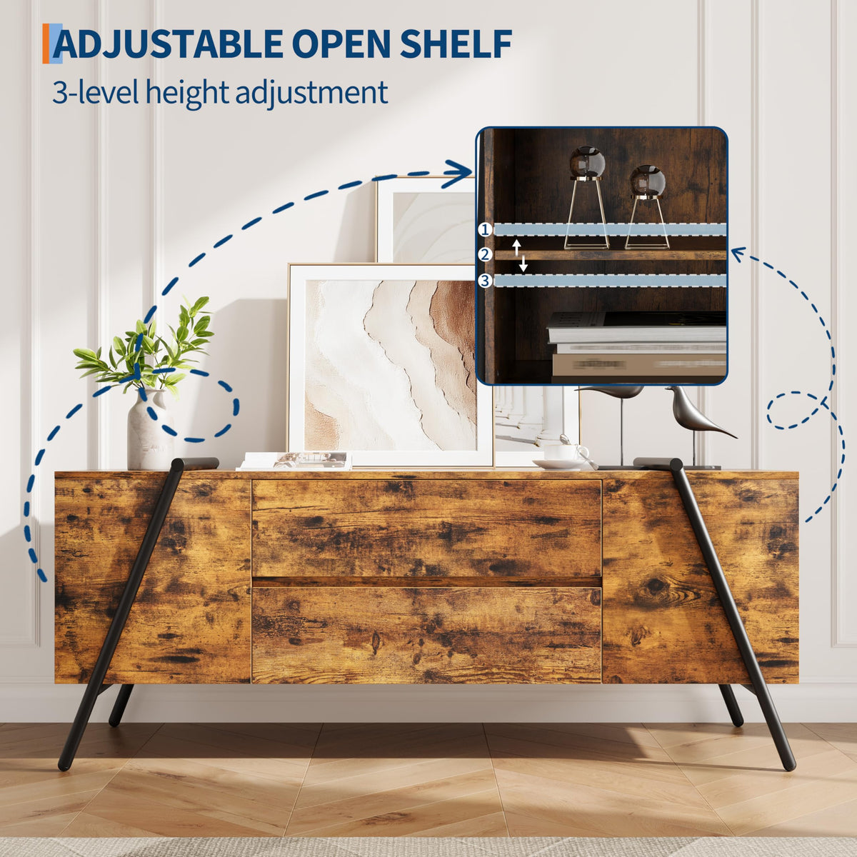 Oak TV Stand with Adjustable Shelf and 2 Drawers Z7639
