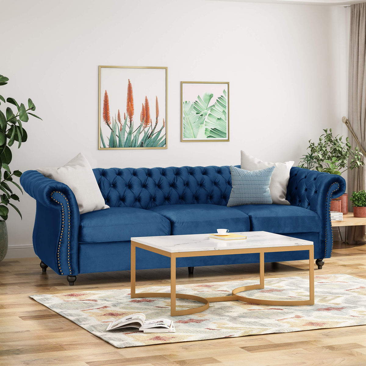 Navy Blue Velvet Sofa with Scroll Arms P453023