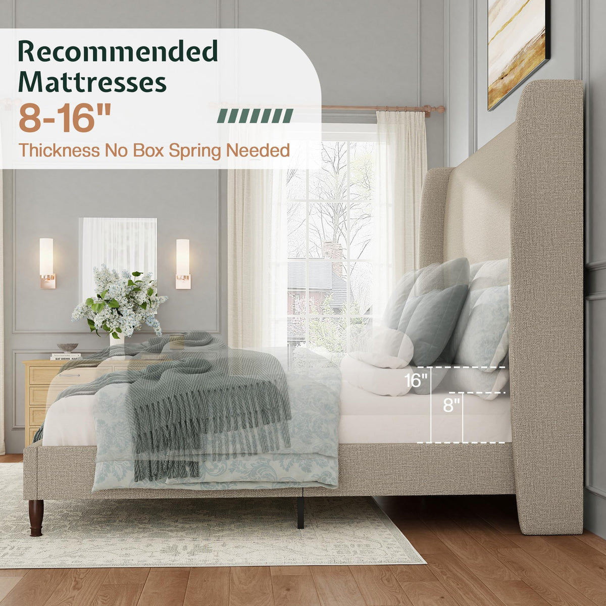 Queen Size Upholstered Wingback Headboard Bed Frame P1437